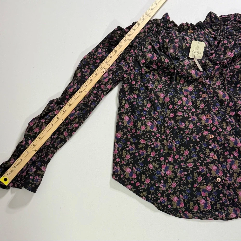 Boho Floral Free People Puff Sleeve Cotton Blouse Black NWT Size XS Extra Small